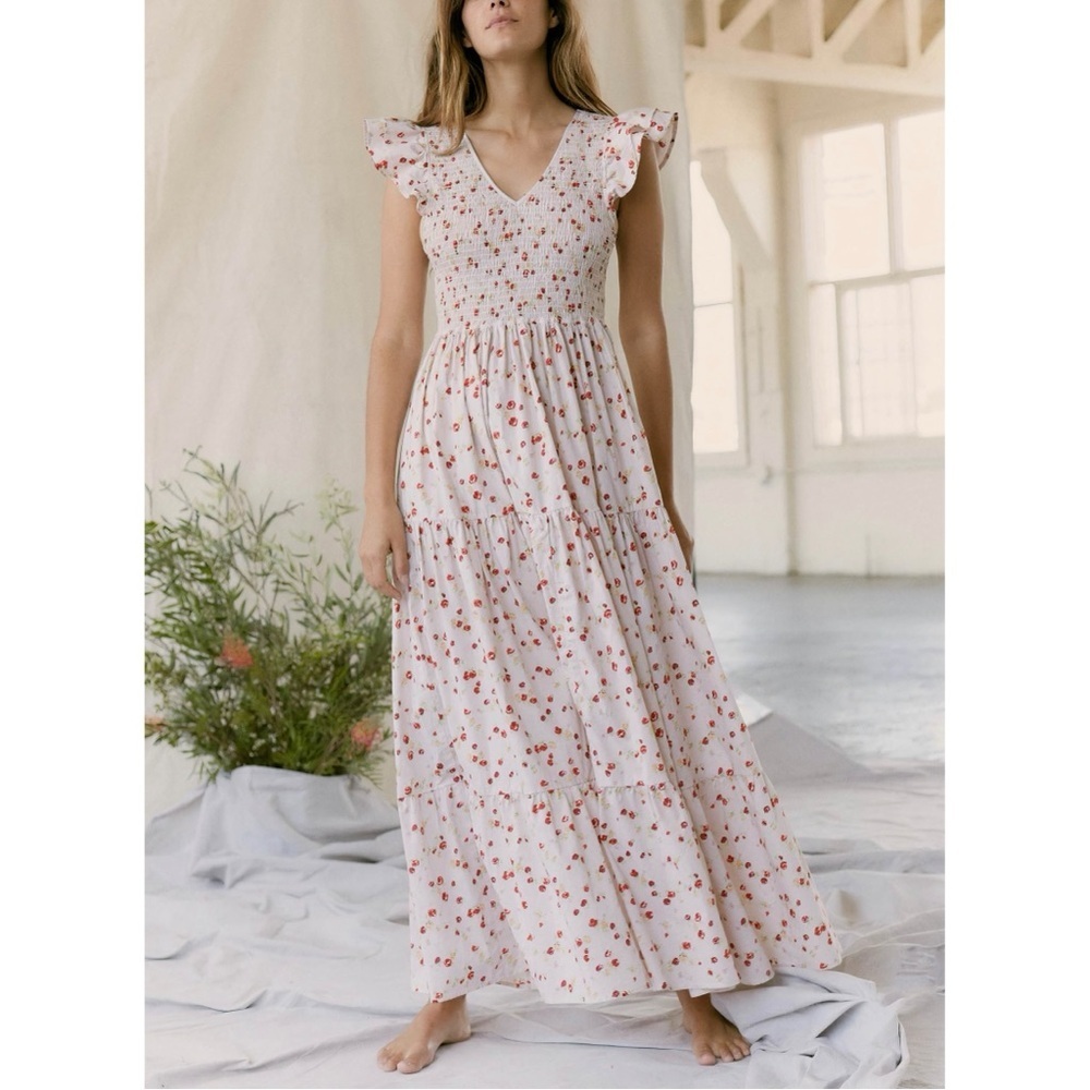NWOT Christy Dawn The Bodie Maxi Smocked Flutter-Sleeve Floral Dress
